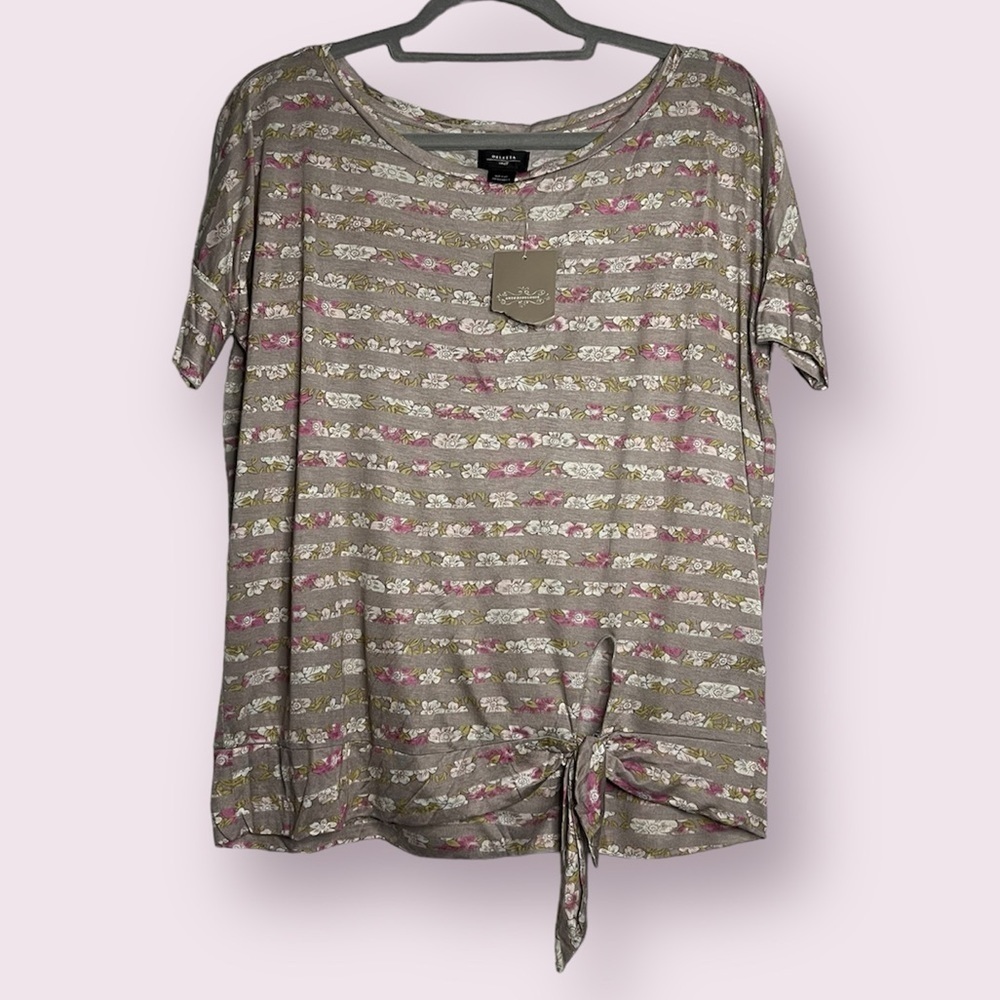 Deletta from Anthropologie Floral Striped Side Tie Top Small